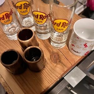 Hard Rock Cafe shot glasses: Osaka, Tokyo, Beijing & Indianapolis. Brown ceramic